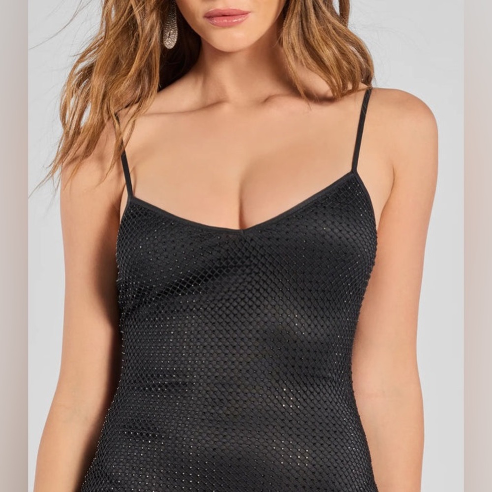 Windsor Black Daring Glam Rhinestone Fishnet Bodycon Mini Dress - Picture 4 of 6